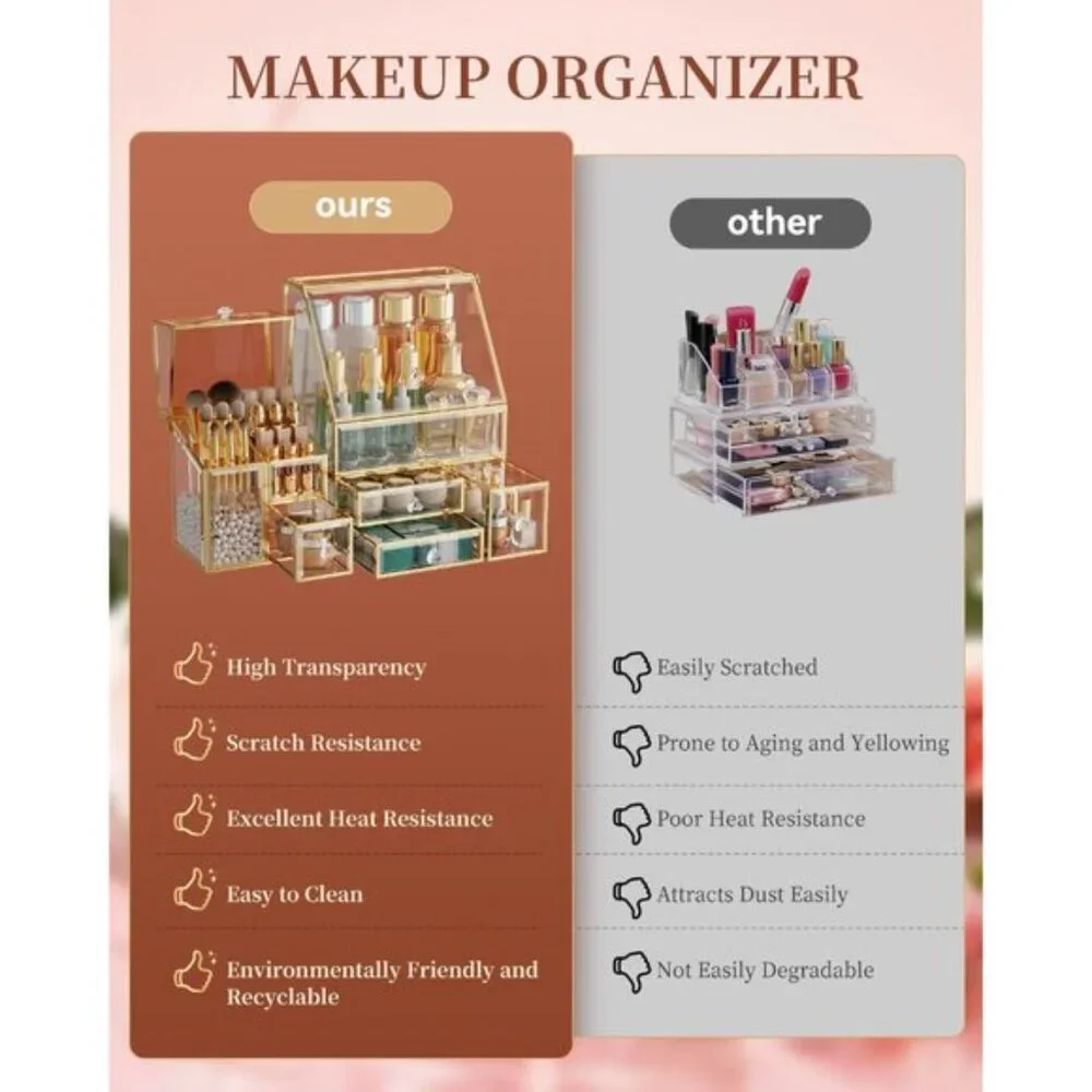 Clear Makeup Organizer with Gold Frame, Vanity Storage for Skincare & Cosmetics